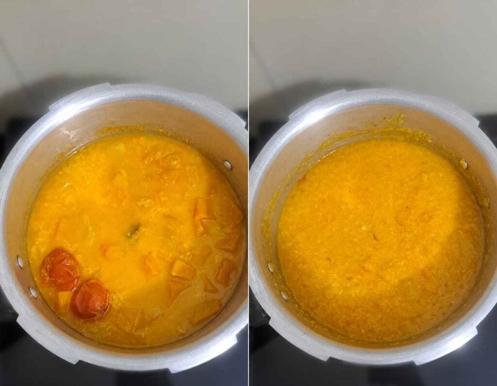 Pressure-cooked Parangikkai Sambar with moong dal and yellow pumpkin before tempering.