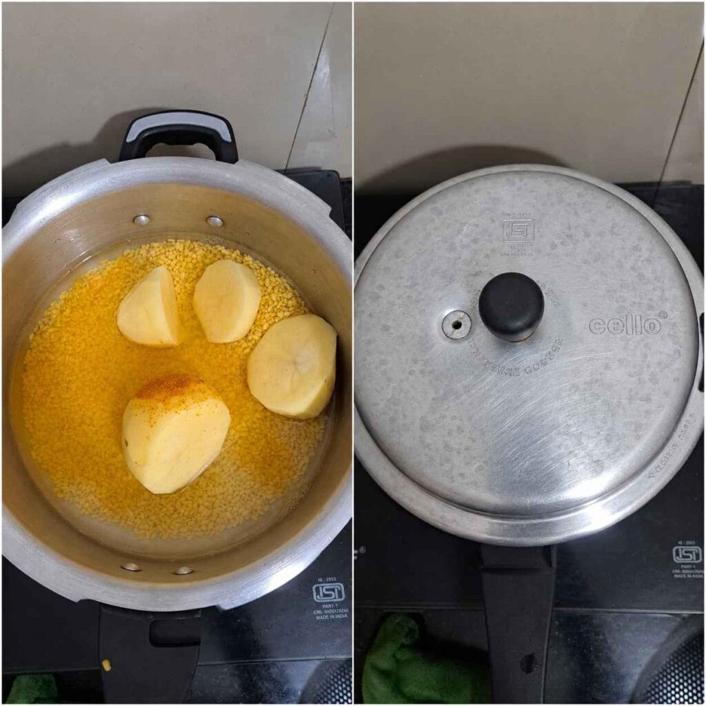 Moong dal and potatoes pressure cooked for making traditional Kumbakonam Kadappa