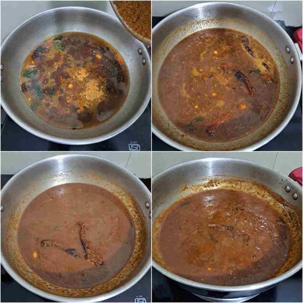 Step-by-step preparation of homemade Pulikaichal by simmering tamarind paste until thick for Puliyodharai.