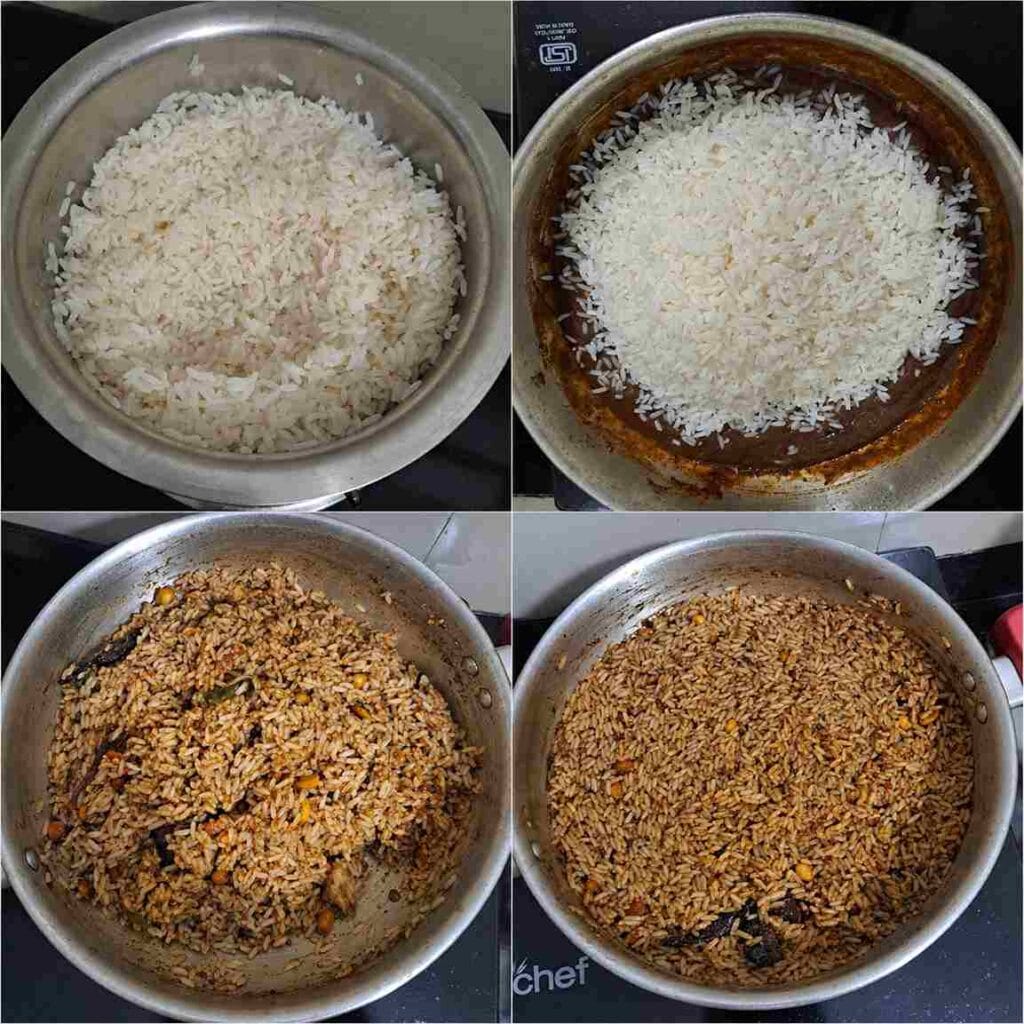 Step-by-step process of mixing cooked rice with homemade Pulikaichal to prepare traditional Puliyodharai.