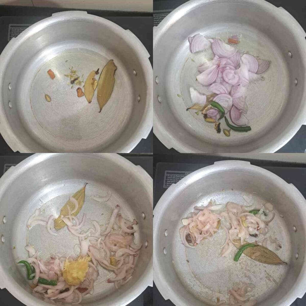 Onions, green chilies, ginger garlic paste, and whole spices sauteed for millet pulao.