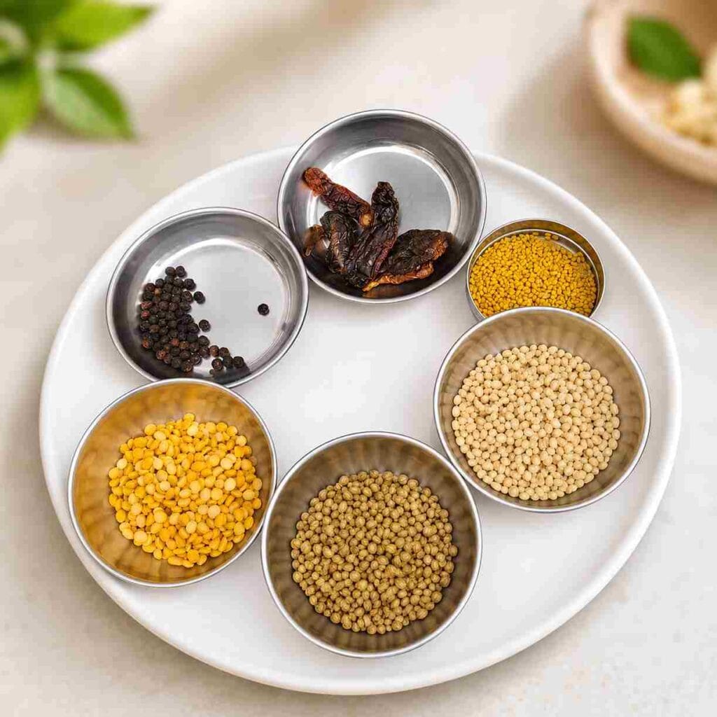 Ingredients for homemade Puliyodharai powder including channa dal, urad dal, coriander seeds, sesame seeds, pepper, and red chillies.