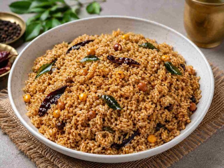 Traditional Tamil Nadu Puliyodharai recipe served in a bowl with curry leaves, peanuts, and homemade spice powder.