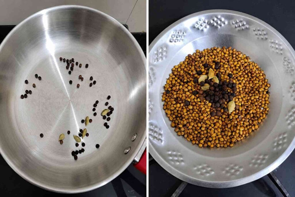 Black pepper and cardamom roasted with coriander seeds for Sukku Malli Coffee powder
