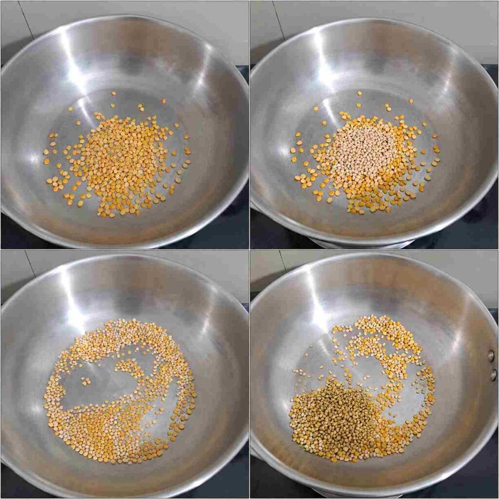 Step-by-step process of roasting channa dal, urad dal, and coriander seeds for homemade Puliyodharai powder.