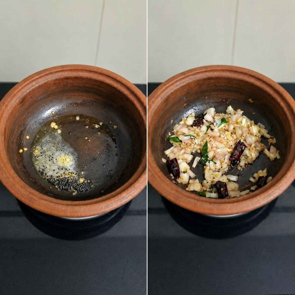 Tempering onions, mustard seeds and red chillies for traditional Vazhaipoo Kootu.
