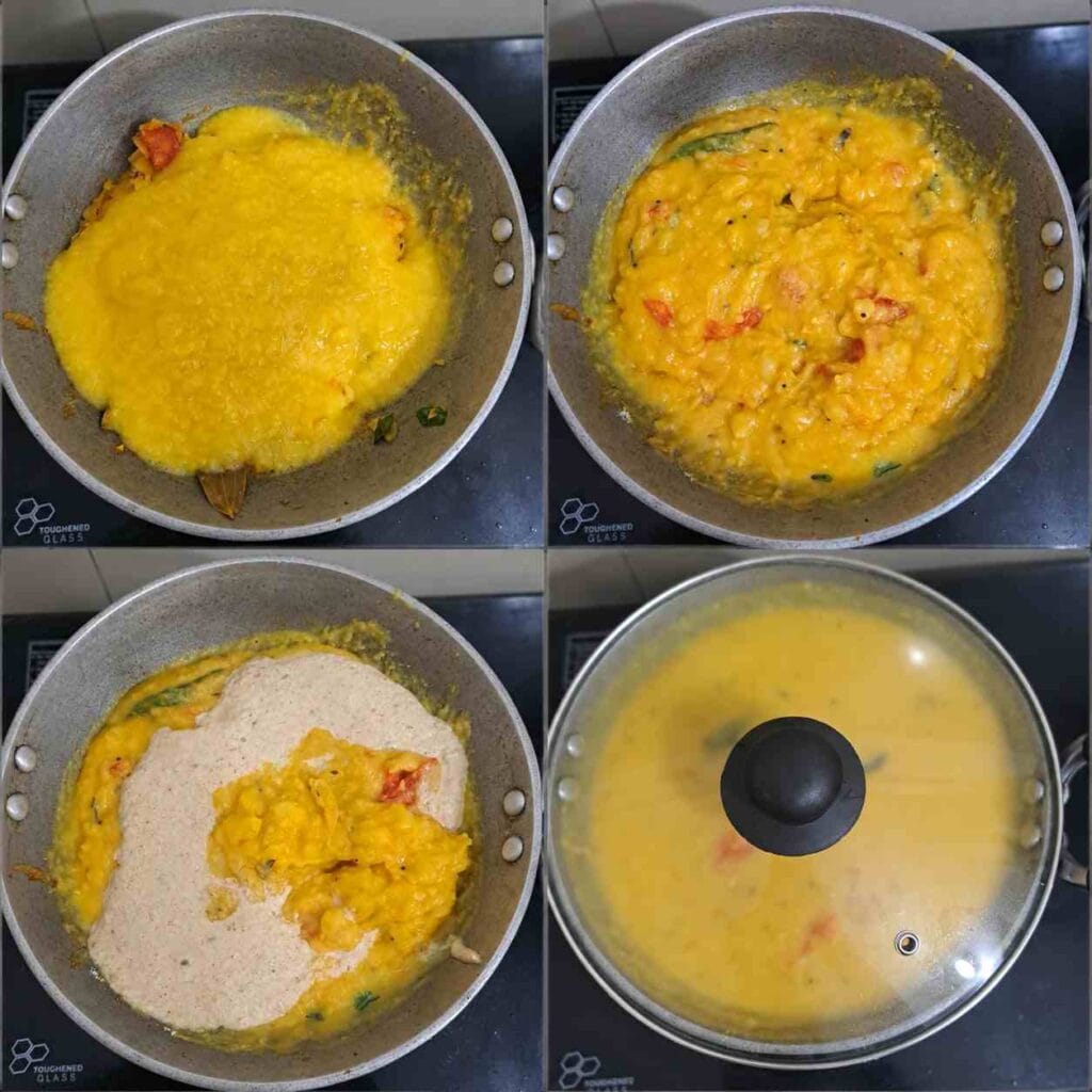 Ground coconut paste added to cooked dal and potato mixture for making Kumbakonam Kadappa