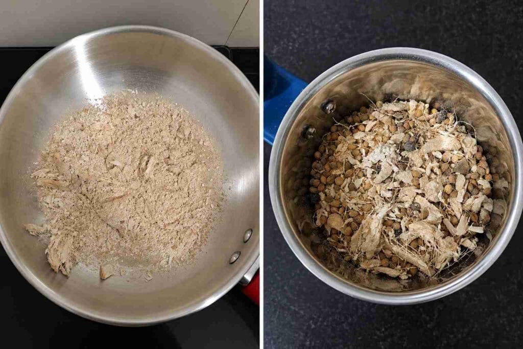 Crushed dry ginger added to roasted spices for homemade Sukku Malli powder
