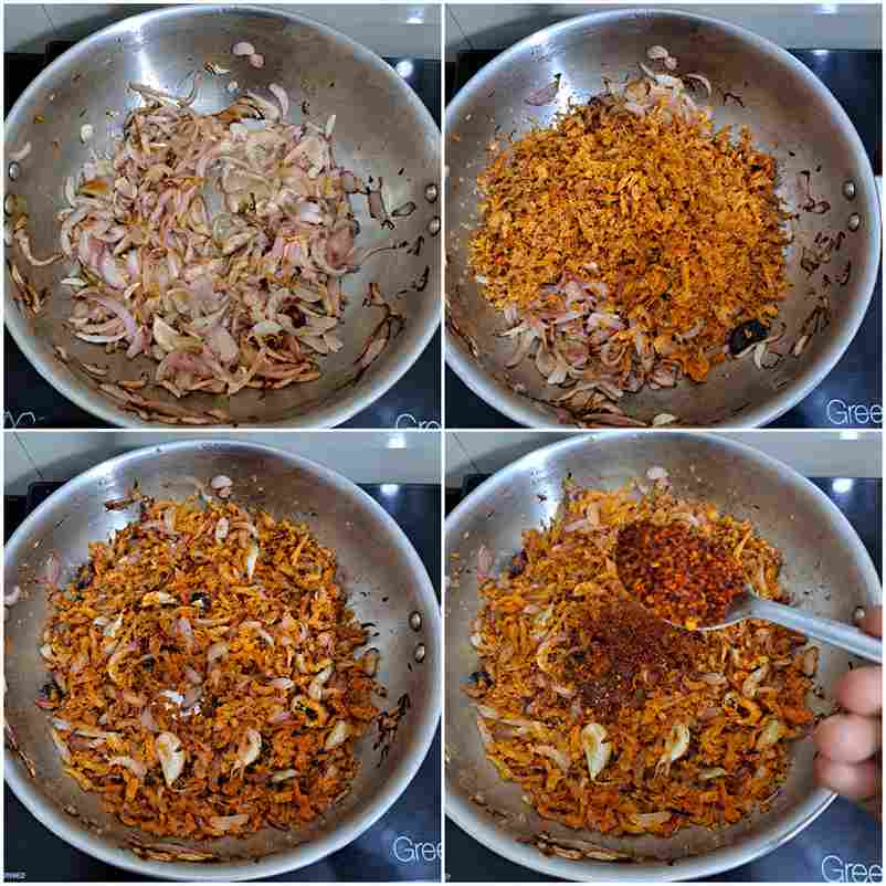 Coarsely ground dry prawns mixed with sautéed onions and garlic, followed by the addition of homemade chilli flakes for Eral Sambal.