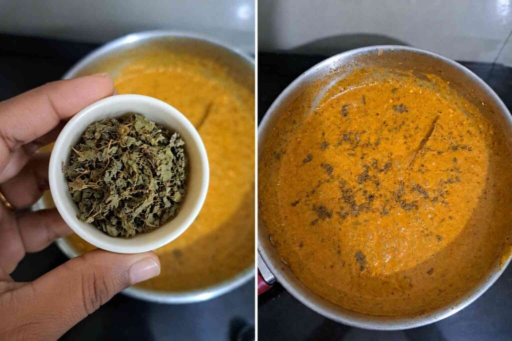 Kasuri methi added to creamy homemade paneer gravy before adding roasted paneer cubes
