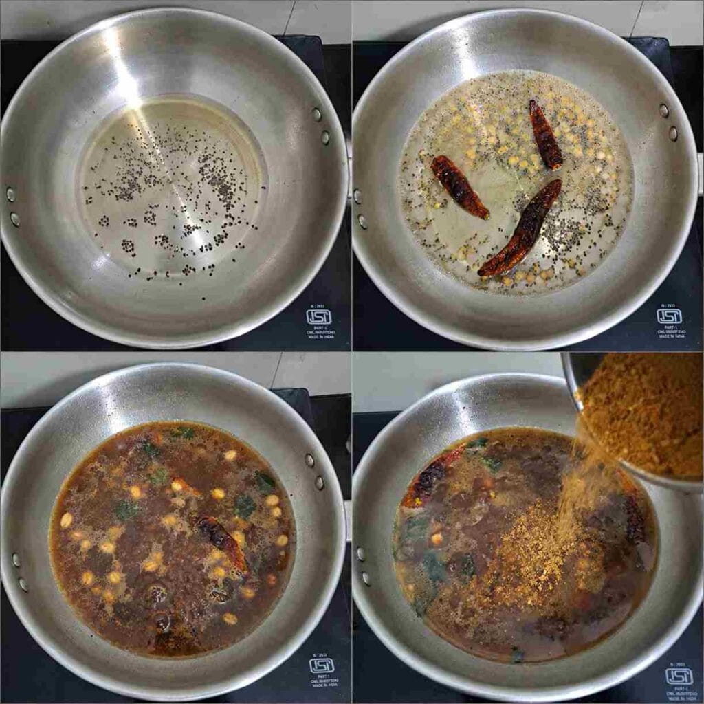 Homemade Puliyodharai powder being added to tamarind paste while preparing traditional Tamil-style Pulikaichal.