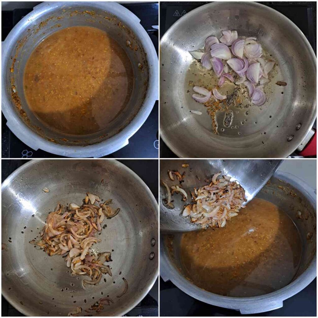 Golden brown onion tempering prepared and added to mashed Kollu Paruppu for extra flavour and aroma