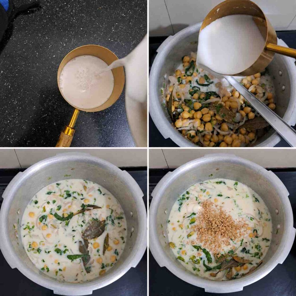 Coconut milk added to chickpea millet pulao for a rich and flavorful texture