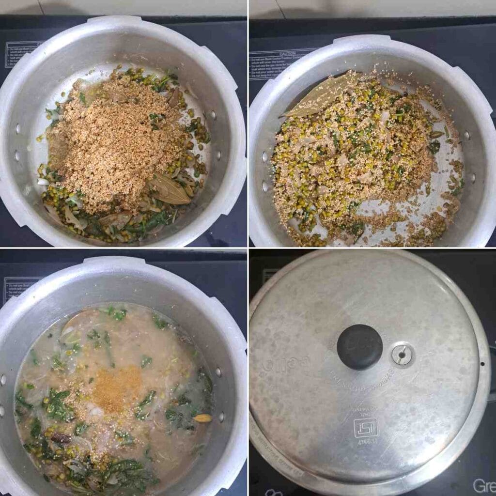 Kodo millet and pacha payaru cooked with spices and herbs in a pressure cooker for fluffy millet pulao.