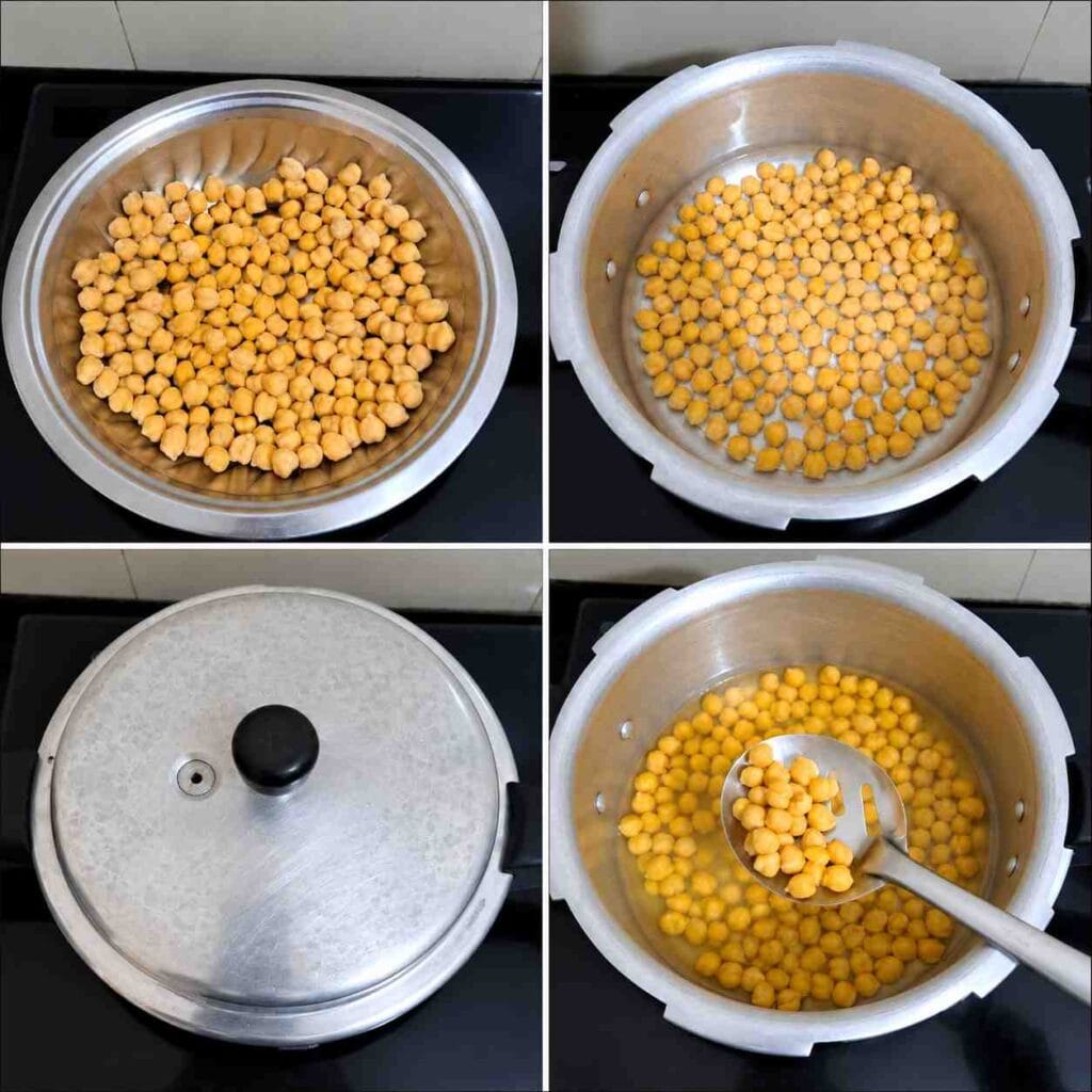 Soaked and cooked chickpeas prepared for chickpea millet pulao recipe