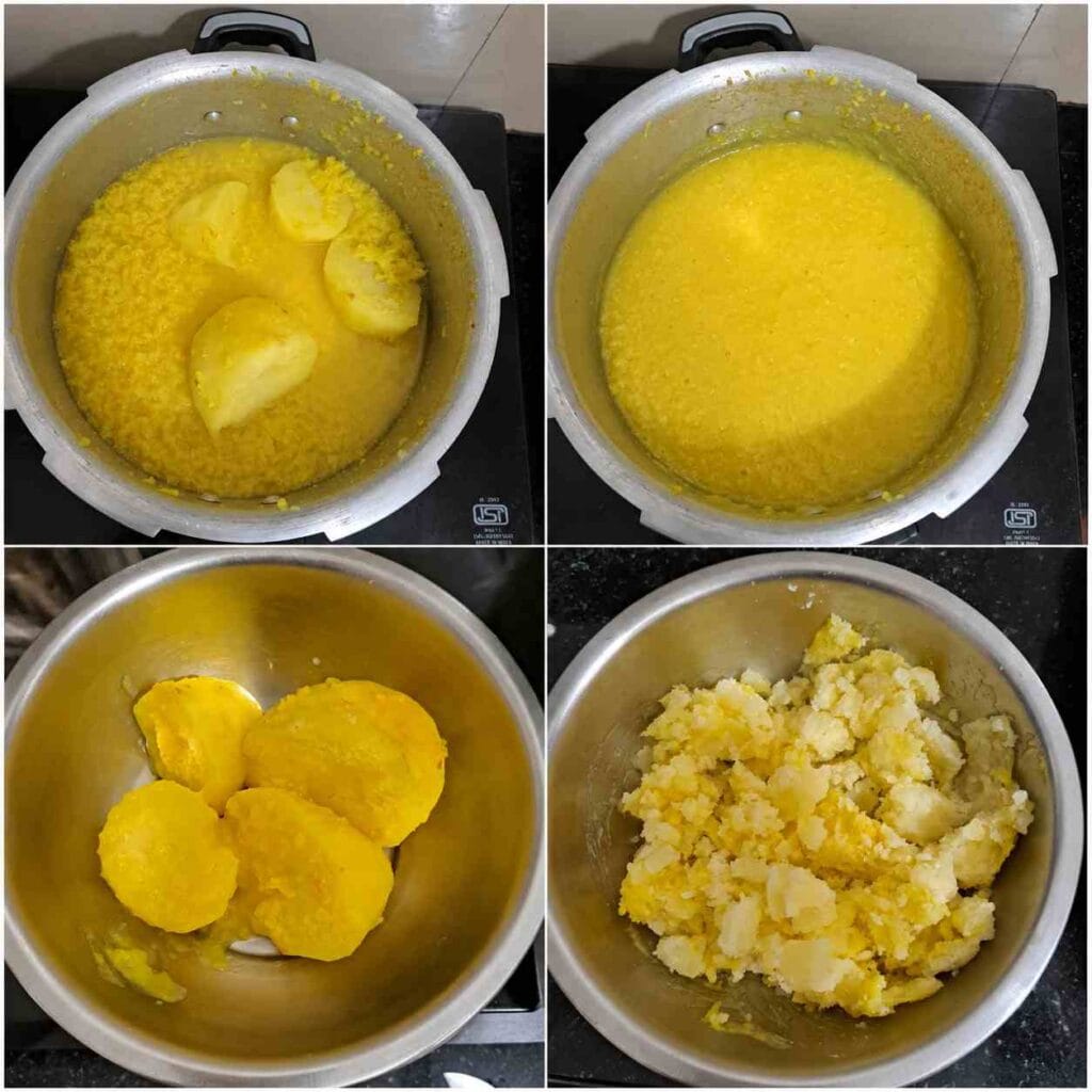 Cooked moong dal and mashed potatoes prepared for making Kumbakonam Kadappa