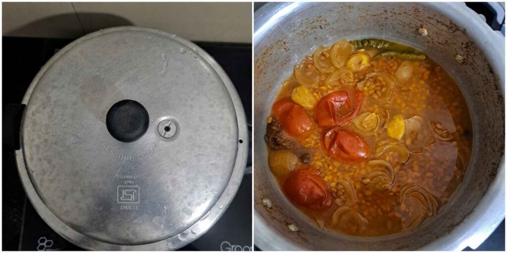 Pressure cooked horse gram with onion, tomato, garlic and tamarind ready for mashing and making Kollu Paruppu