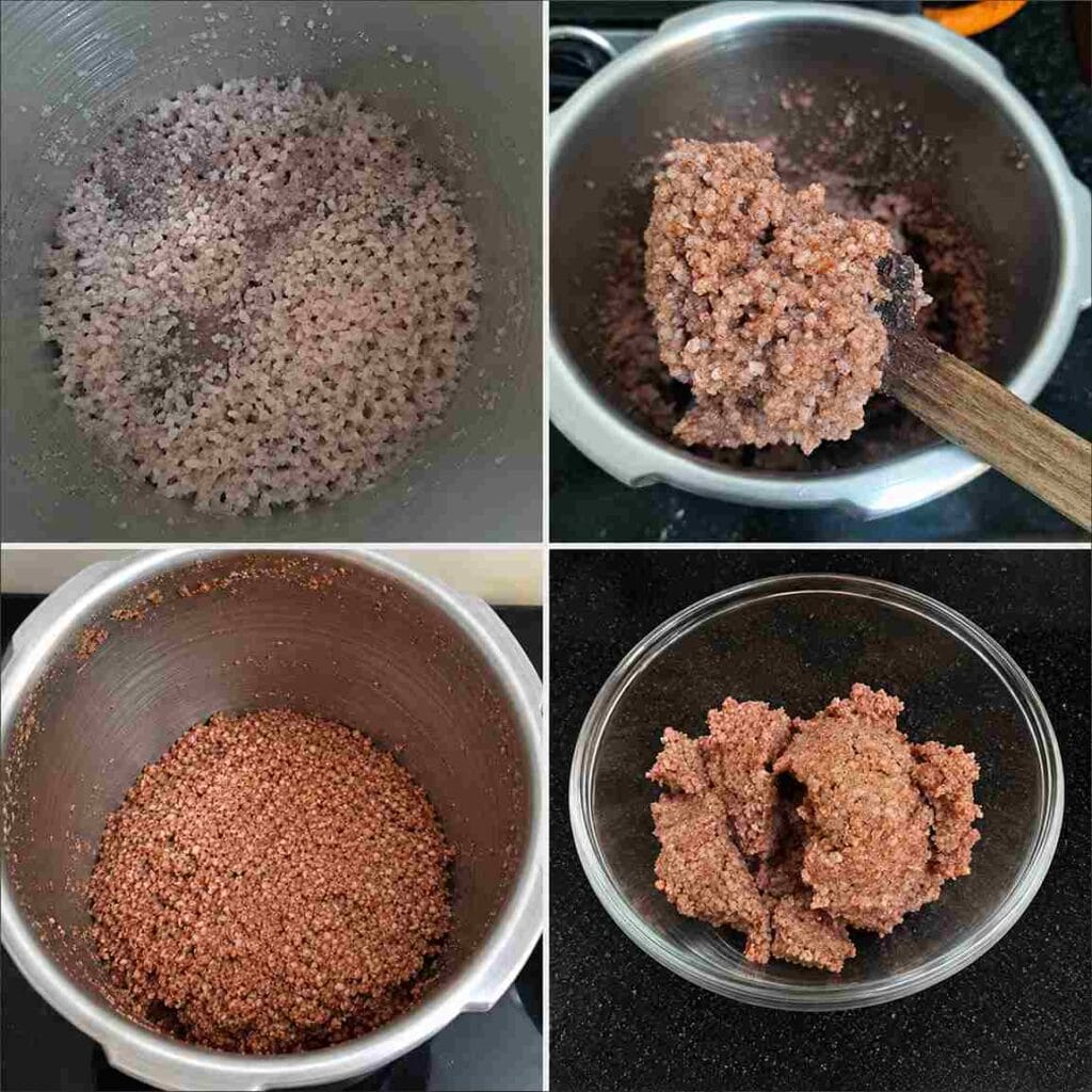 Cooked Kullakar rice kanji showing its soft coarse texture after pressure cooking with homemade kanji powder.