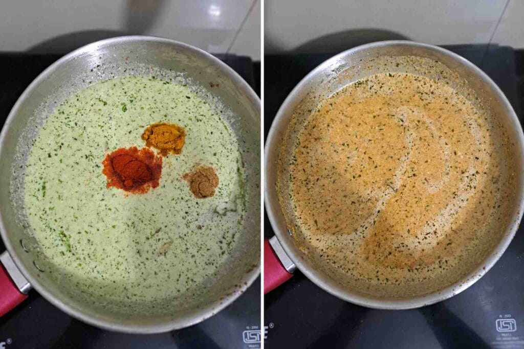 Creamy paneer gravy masala cooking with spices in a pan for homemade paneer curry recipe