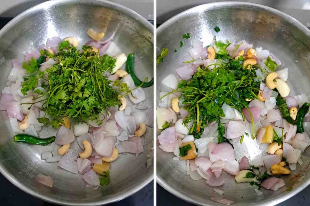 Fresh coriander leaves added to onion and cashew mixture for creamy paneer gravy base