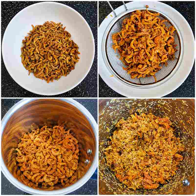 Step-by-step preparation of dry prawns for Eral Sambal, including cleaning, draining, and coarsely grinding the prawns before cooking.