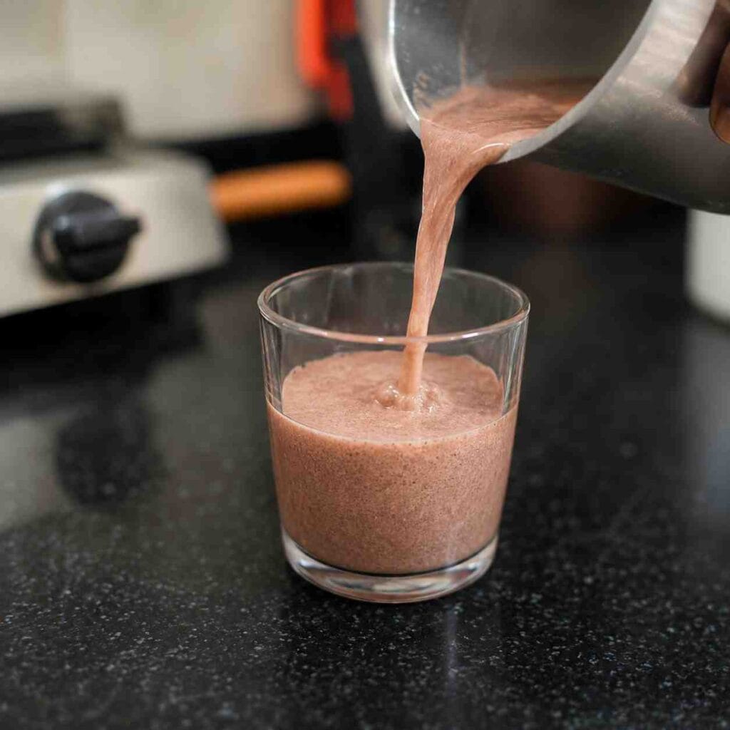 Freshly prepared Kullakar Rice Kanji being poured into a glass for serving as a healthy traditional breakfast drink.