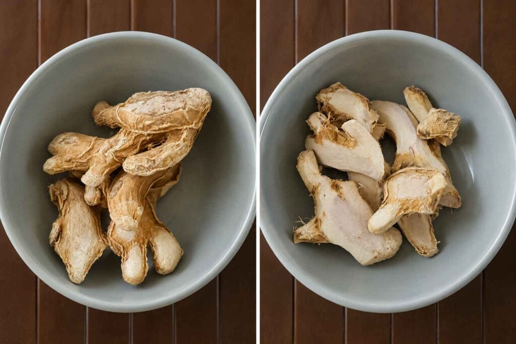 Dry ginger pieces used to make homemade Sukku Malli Coffee powder