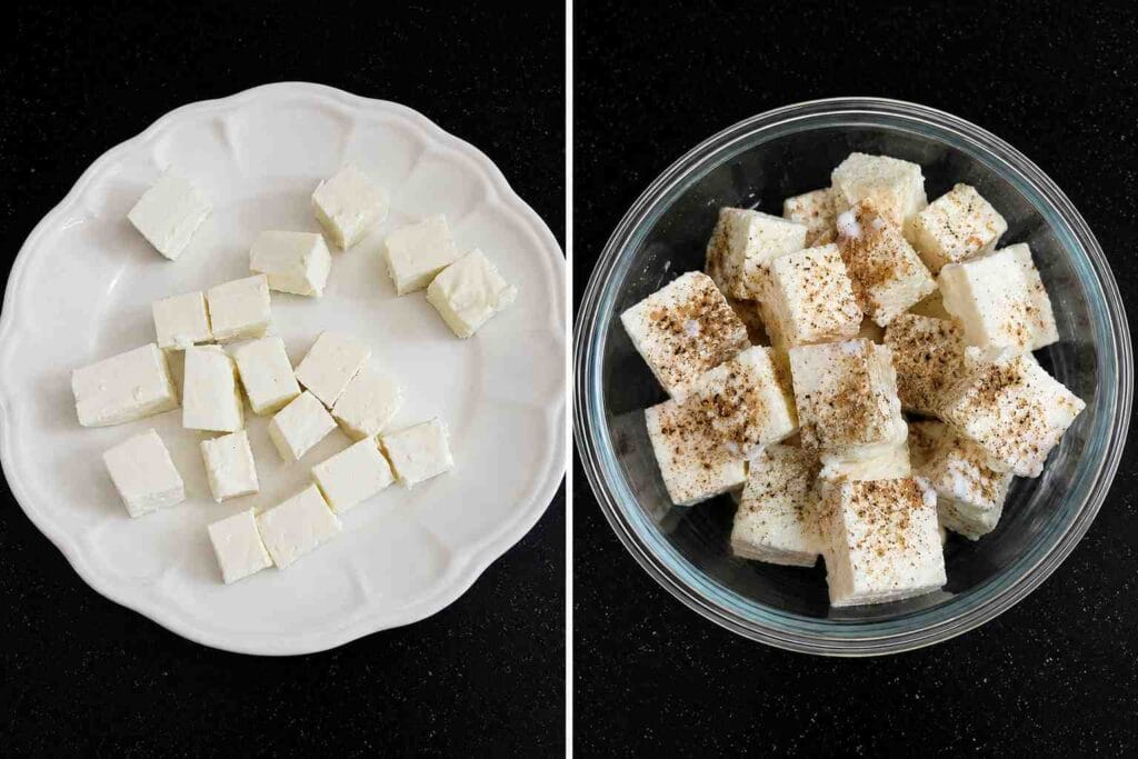 Fresh paneer cubes with spices added before marination for creamy homemade paneer curry recipe
