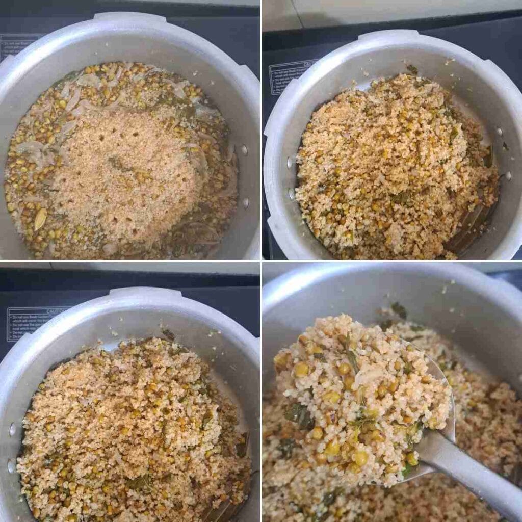 Fluffy Pacha Payaru Kodo Millet Pulao cooked in a pressure cooker and served as a healthy lunch.