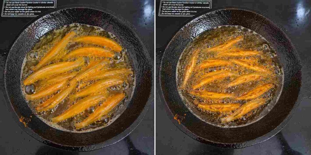 Nethili fish frying in hot oil inside a kadai for crispy South Indian anchovy fish fry recipe.