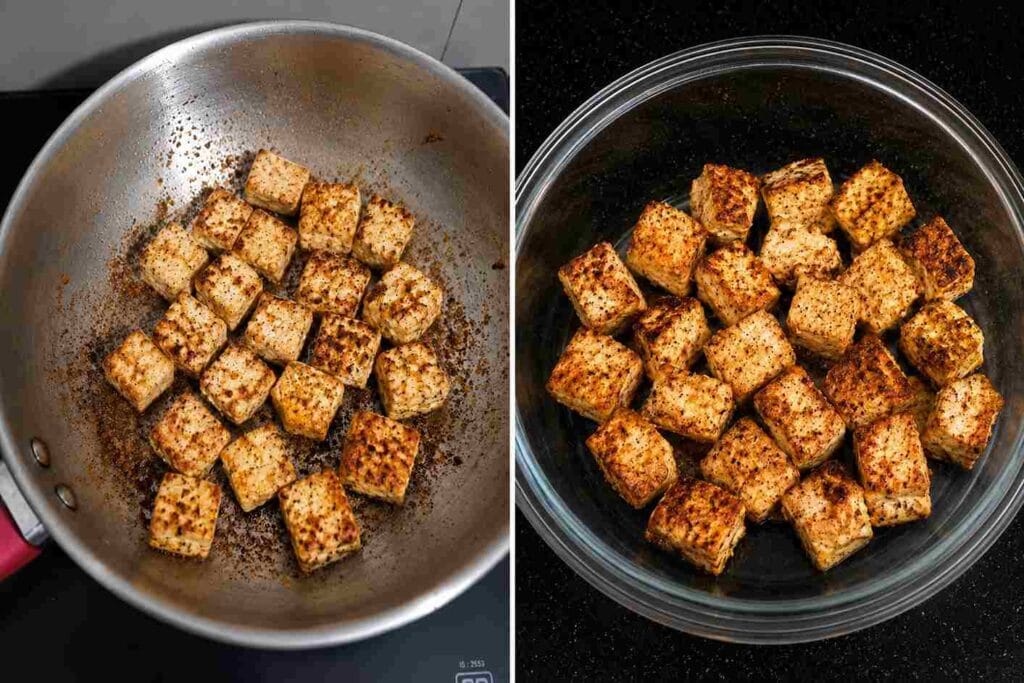 Golden roasted paneer cubes cooked in a pan for creamy homemade paneer gravy recipe