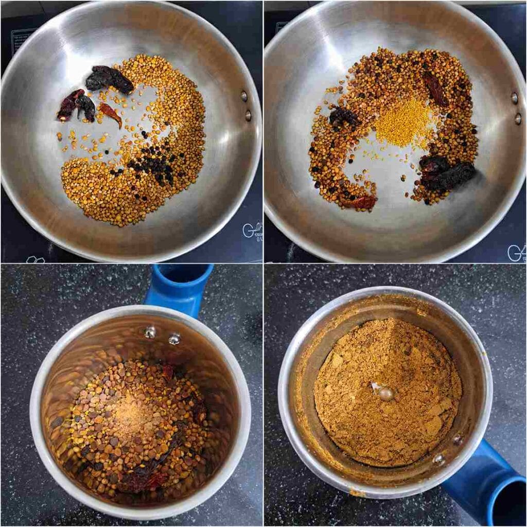Step-by-step preparation of homemade Puliyodharai powder by roasting spices and grinding them into a fine powder.