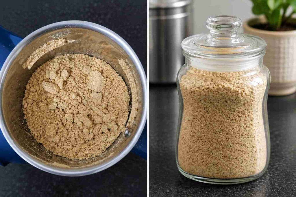 Homemade Sukku Malli powder stored in a glass jar for herbal coffee preparation