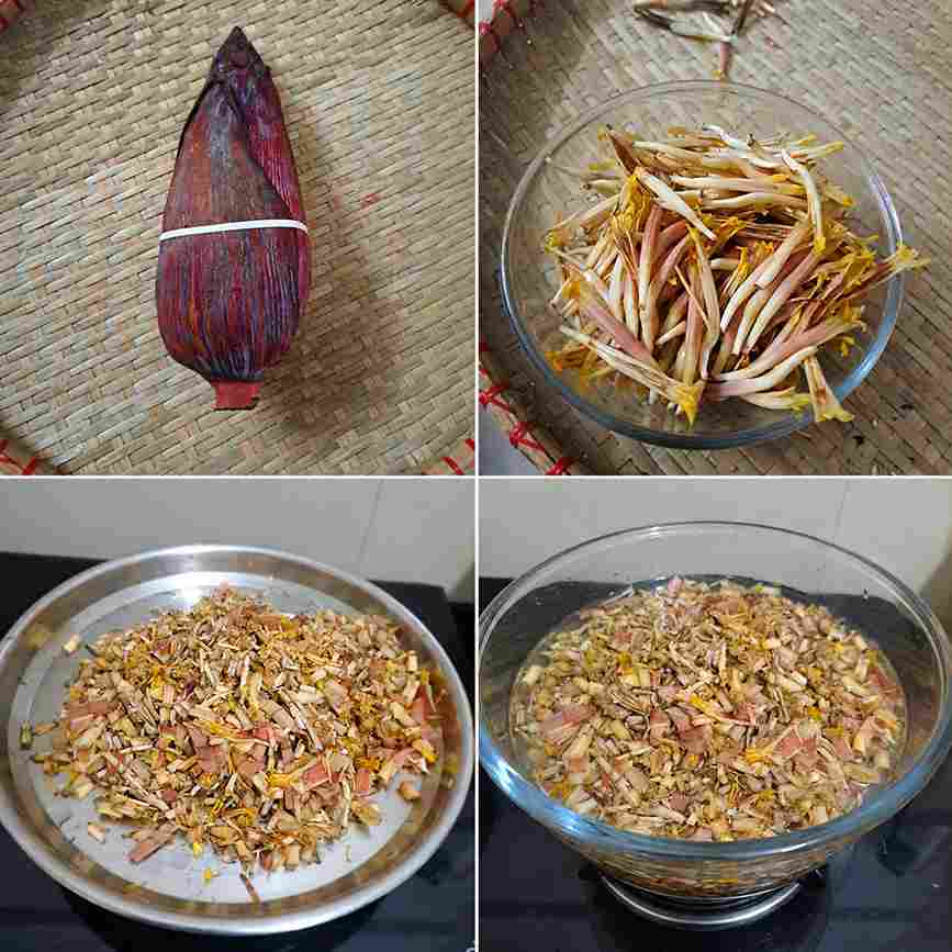 Step-by-step process of cleaning Vazhaipoo (banana flower) for South Indian cooking.