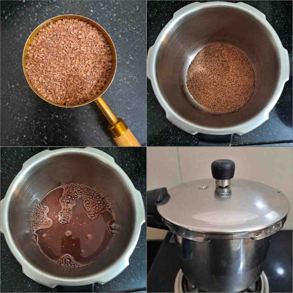 Step-by-step process showing homemade Kullakar Rice Kanji Powder added to a pressure cooker, mixed with water, and cooked until soft.