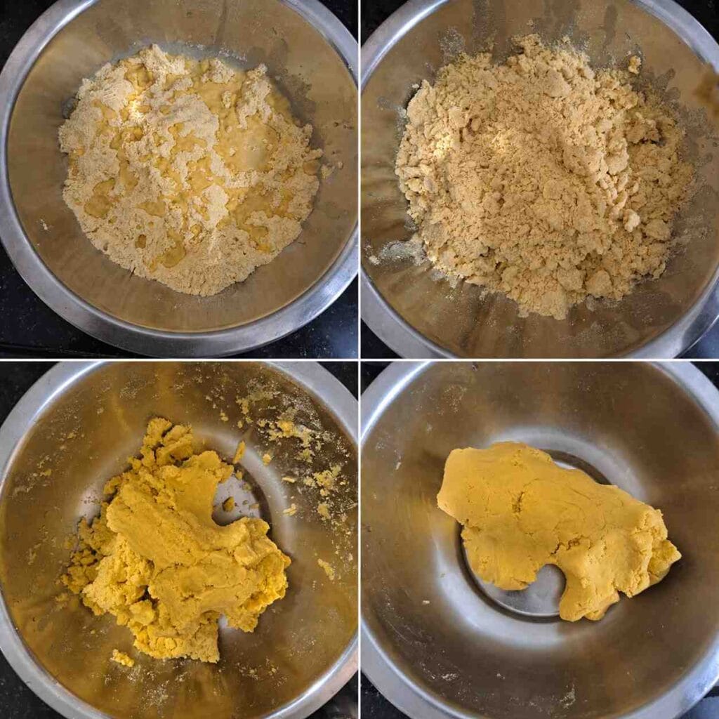 Step-by-step kneading process of soft makki atta roti dough in a mixing bowl