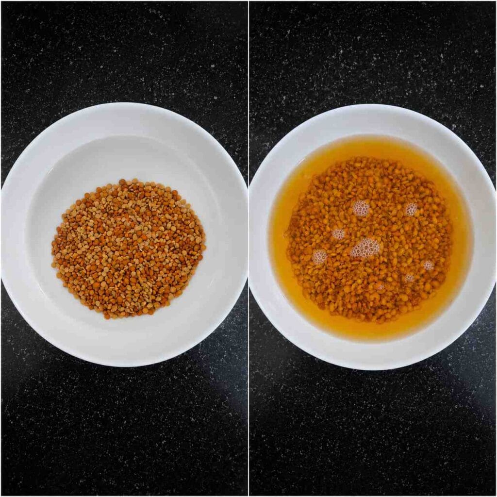 Horse gram (kollu) before and after overnight soaking for making Kollu Paruppu and Kollu Rasam
