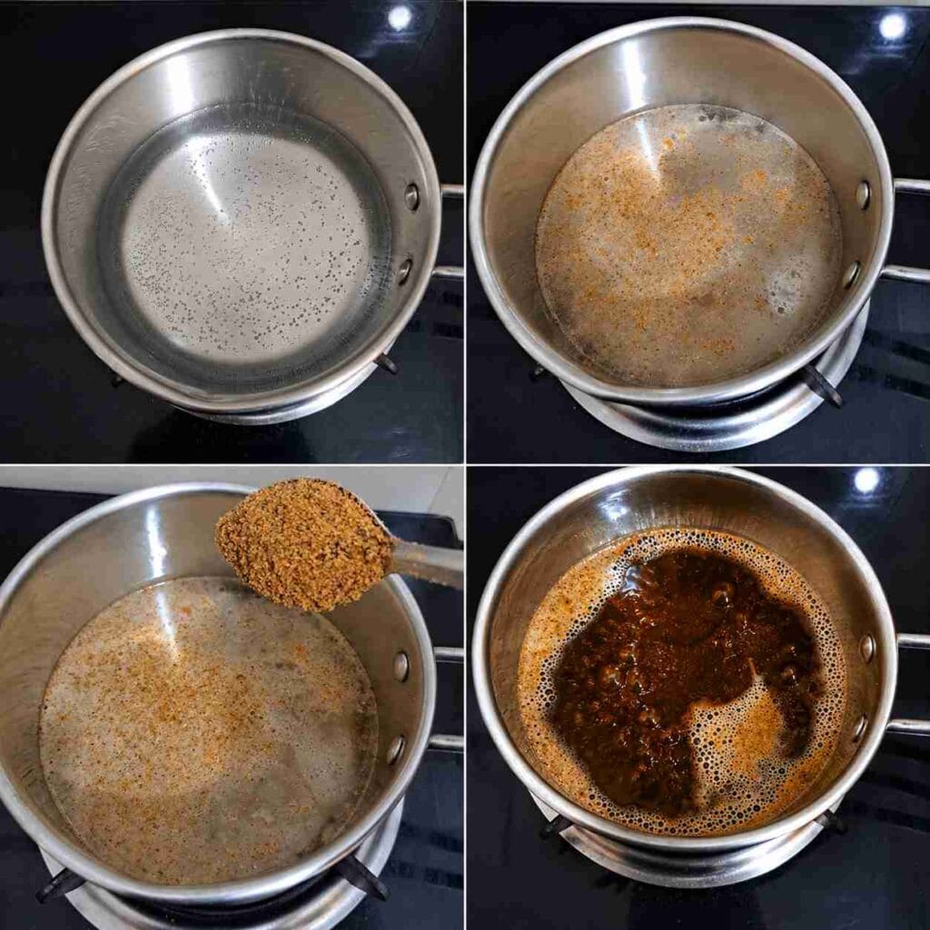 Step-by-step process of making Sukku Malli Coffee in a pan with herbal powder and jaggery