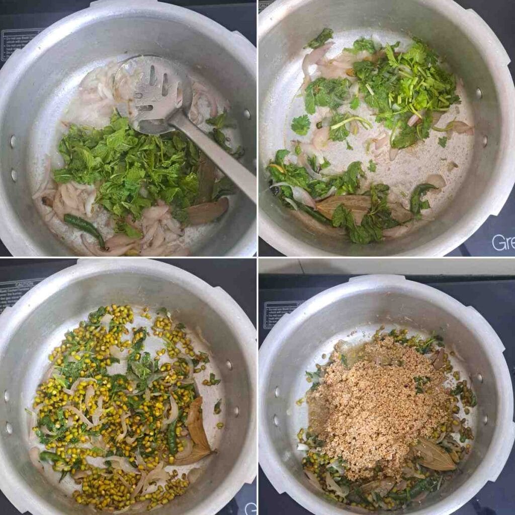 Fresh mint, coriander leaves, soaked pacha payaru, and kodo millet added to make healthy millet pulao.