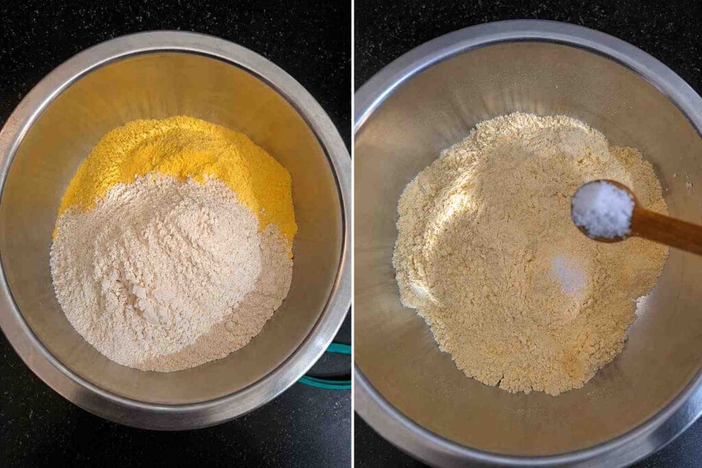 Makki atta mixed with wheat flour and salt for making soft homemade makki roti