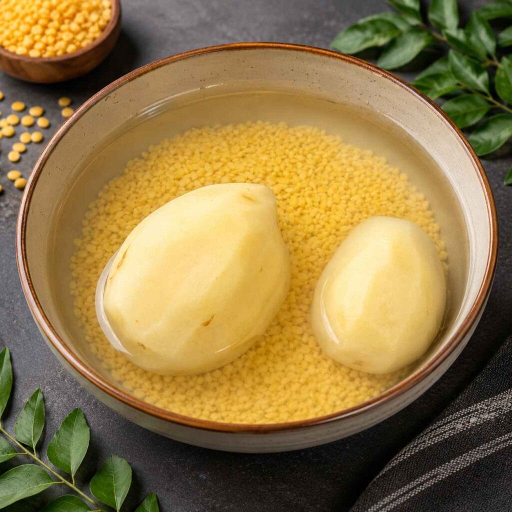 Moong dal and peeled potatoes soaked in water for making traditional Kumbakonam Kadappa