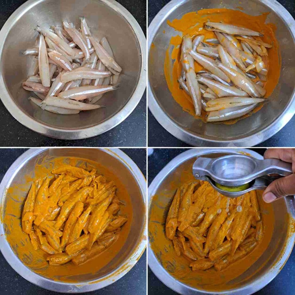 Collage showing cleaned nethili fish being coated with spicy homemade masala and lemon juice before frying for crispy South Indian fish fry recipe.