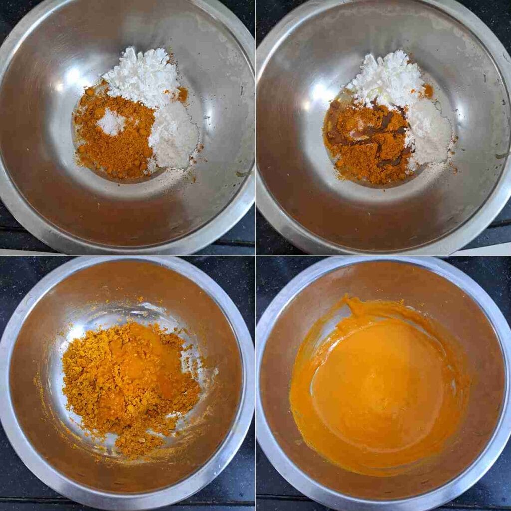 Step by step collage showing preparation of spicy masala mixture for crispy nethili fish fry using rice flour, corn flour, chilli powder, and ginger garlic paste.