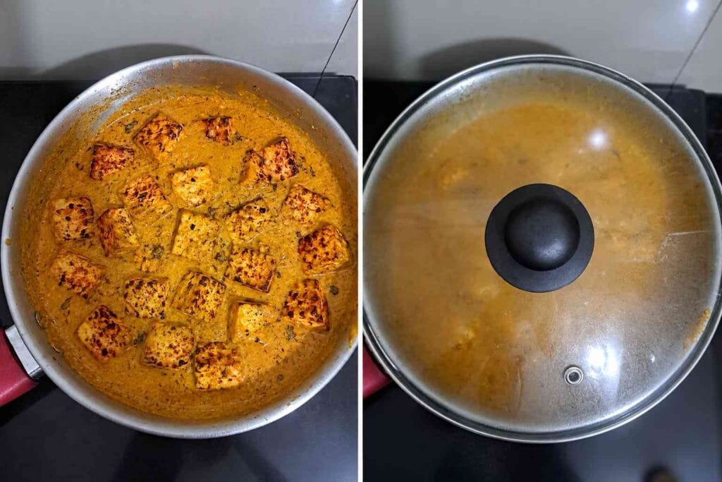Golden roasted paneer cubes added to creamy homemade paneer gravy and cooked covered
