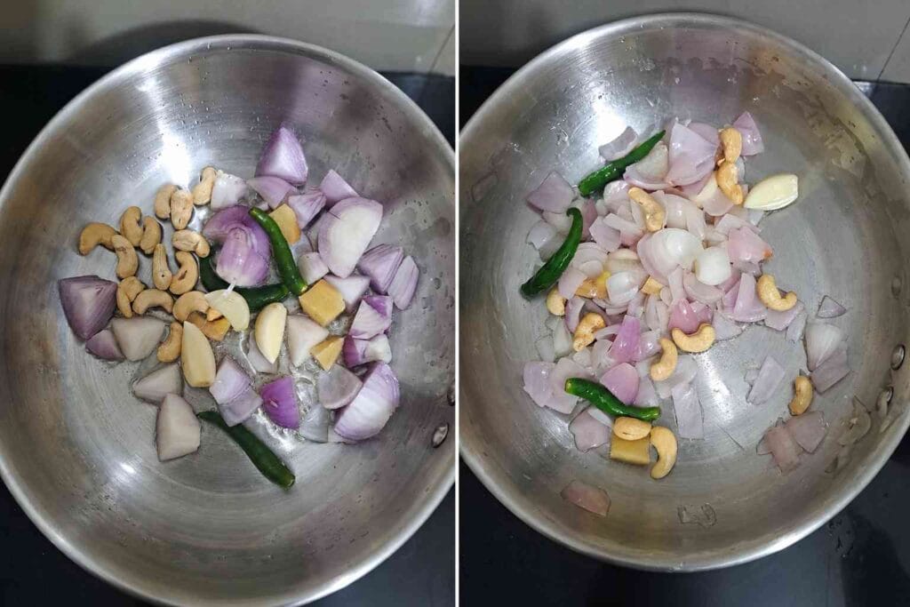 Onions, cashews, green chillies, ginger, and garlic sauteed to make creamy paneer gravy base