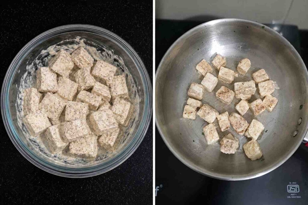 Marinated paneer cubes coated with curd and spices being roasted in a pan for homemade paneer gravy recipe