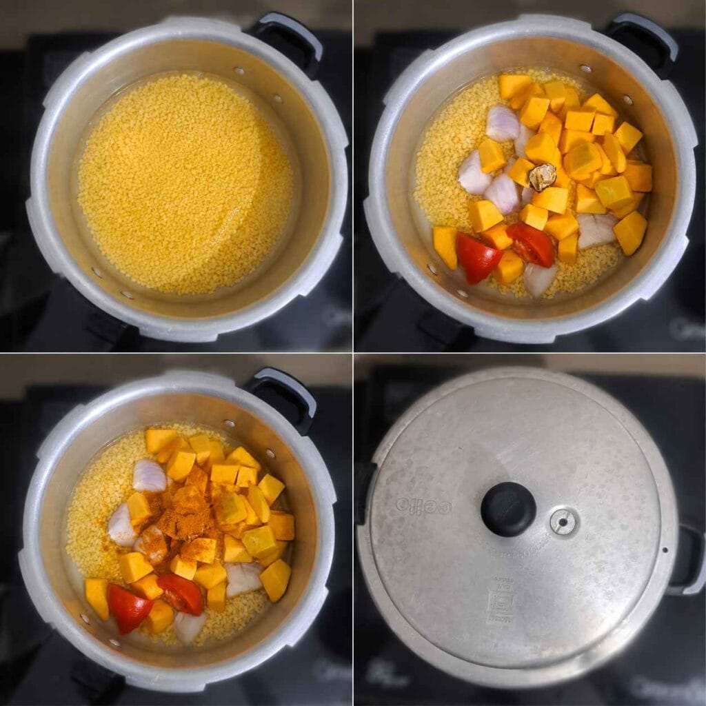 Moong dal, yellow pumpkin, onion, tomato, and spices added to a pressure cooker for Parangikkai Sambar.