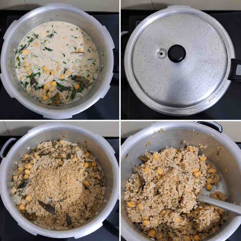 Pressure cooked chickpea millet pulao made with kodo millet and coconut milk