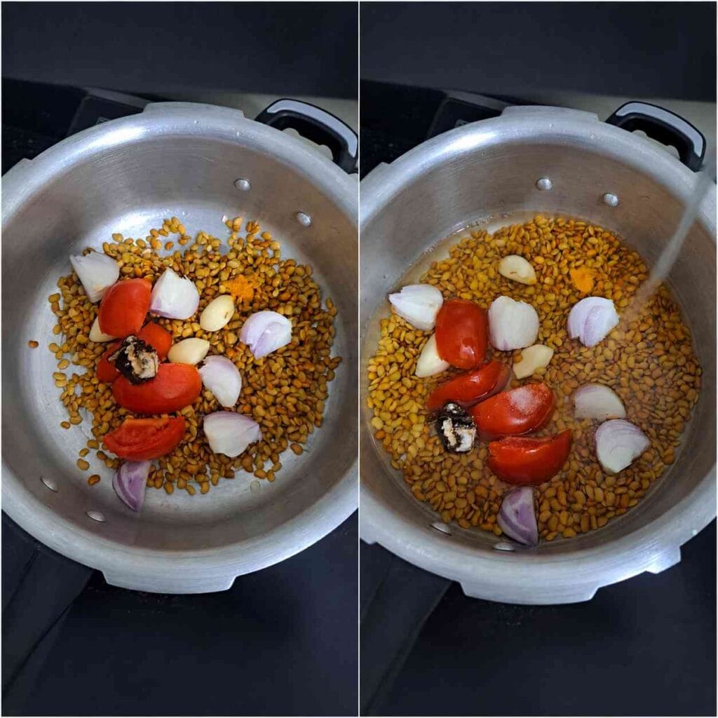 Soaked horse gram, onion, tomato, garlic, tamarind and turmeric added to a pressure cooker for Kollu Paruppu