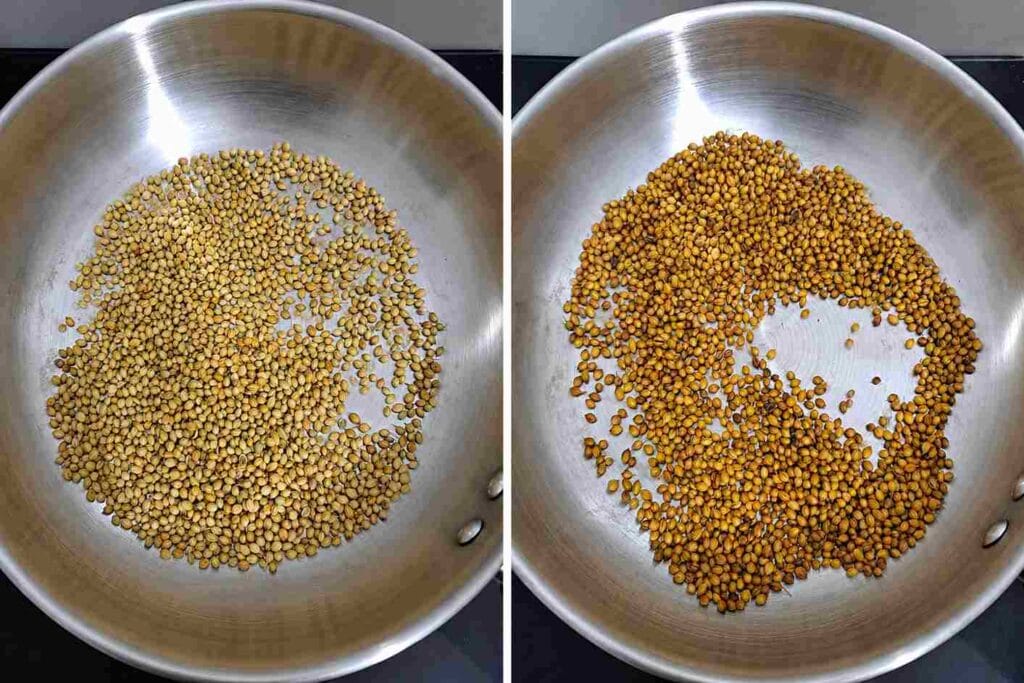 Coriander seeds roasted in a pan for homemade Sukku Malli powder recipe